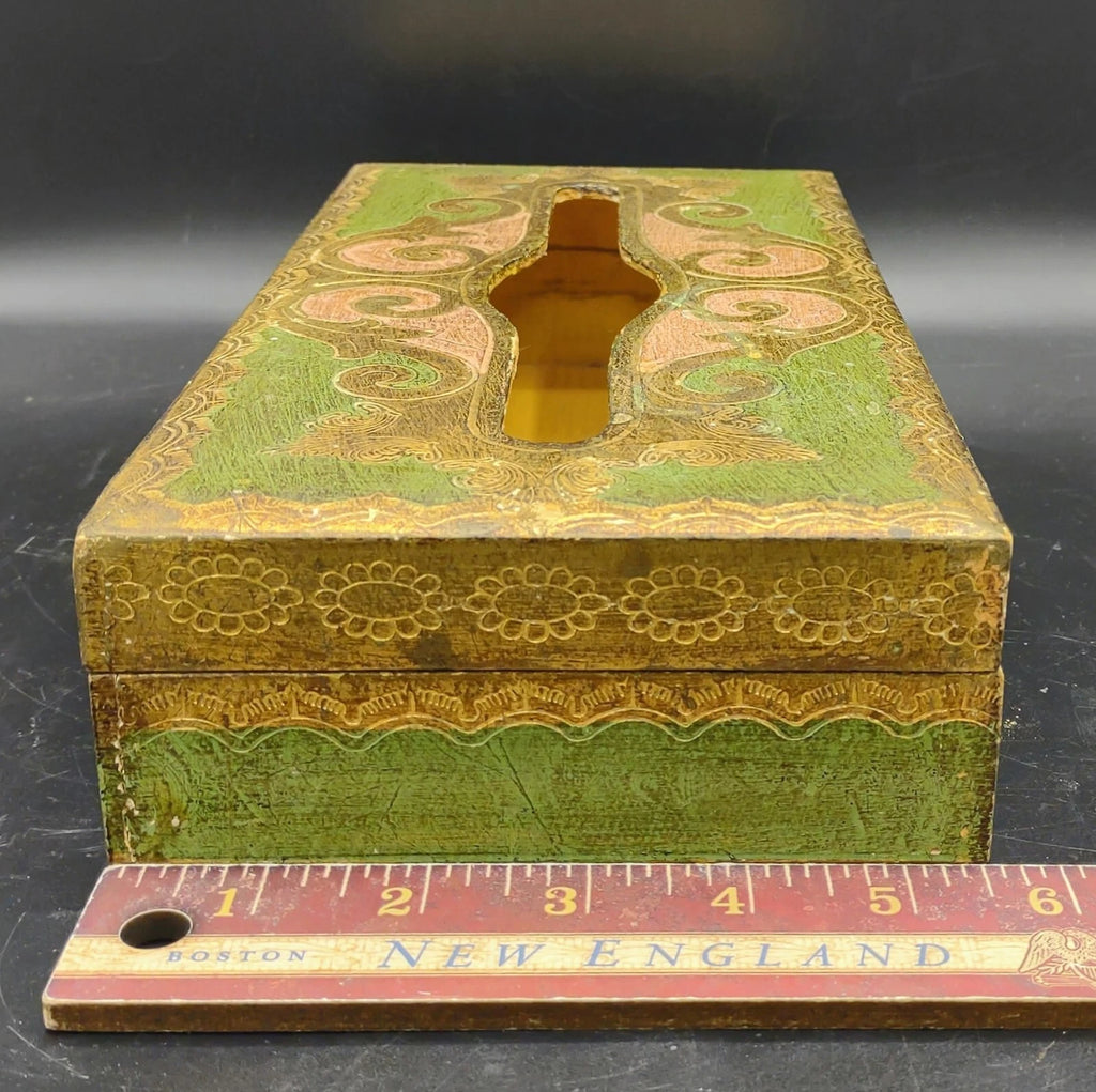Vtg Florentine Italy Wood Tissue Box Cover Green Gold Gilt Hinged Hand Painted | eBay