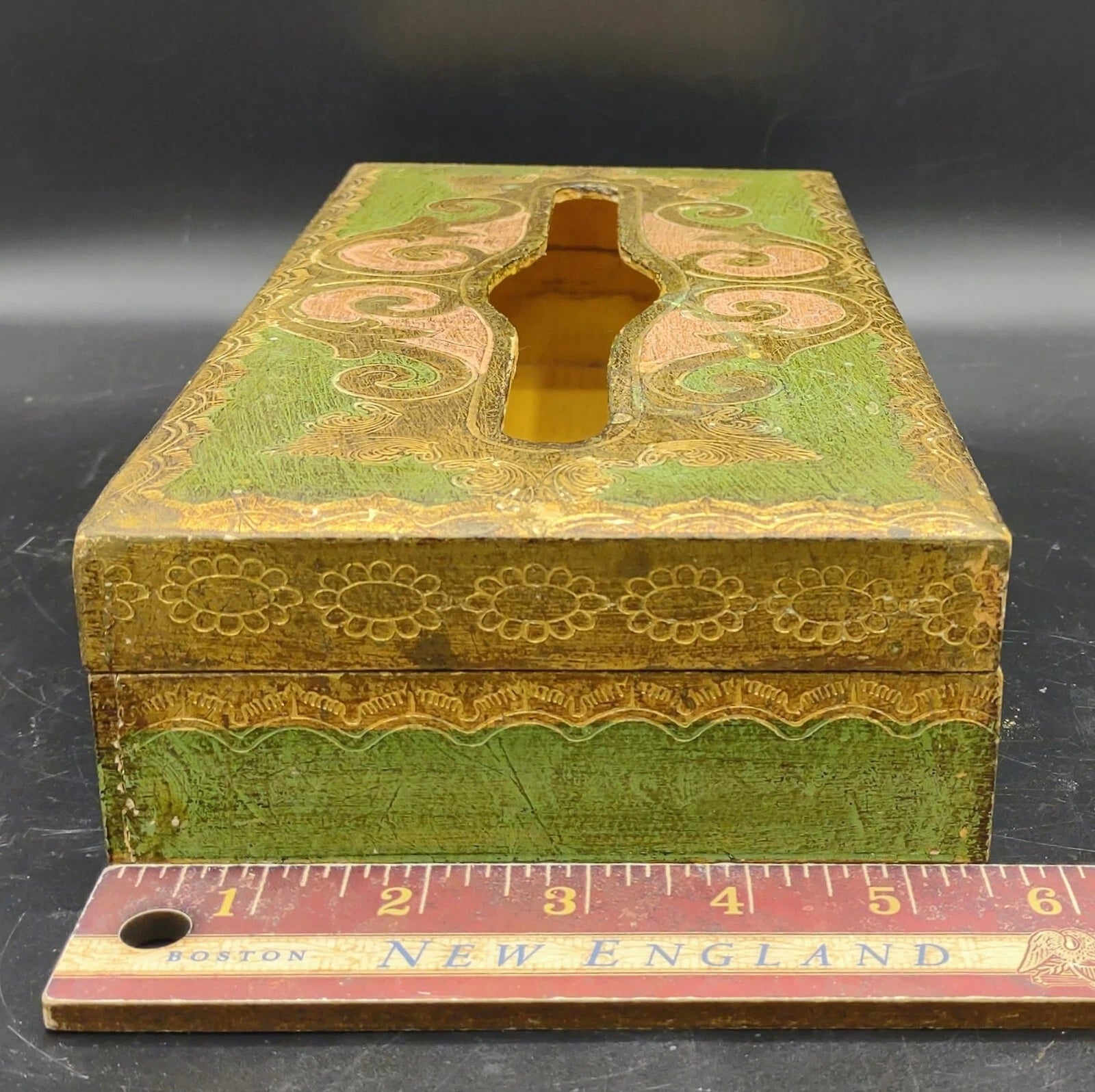 Vtg Florentine Italy Wood Tissue Box Cover Green Gold Gilt Hinged Hand Painted | eBay
