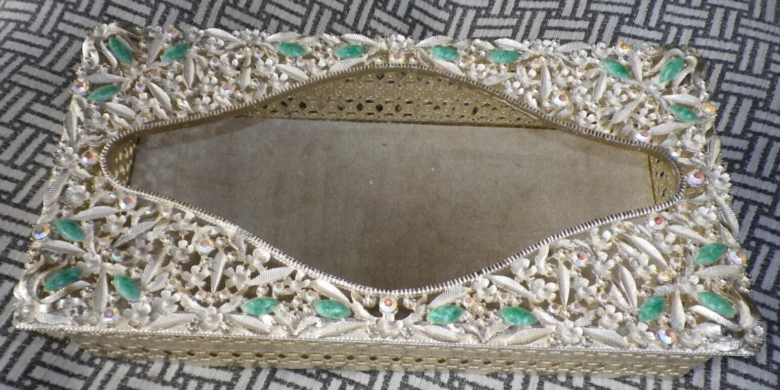 Vintage Gold Tone Metal Tissue Box Holder Filigree green stone aurora borealis | eBay