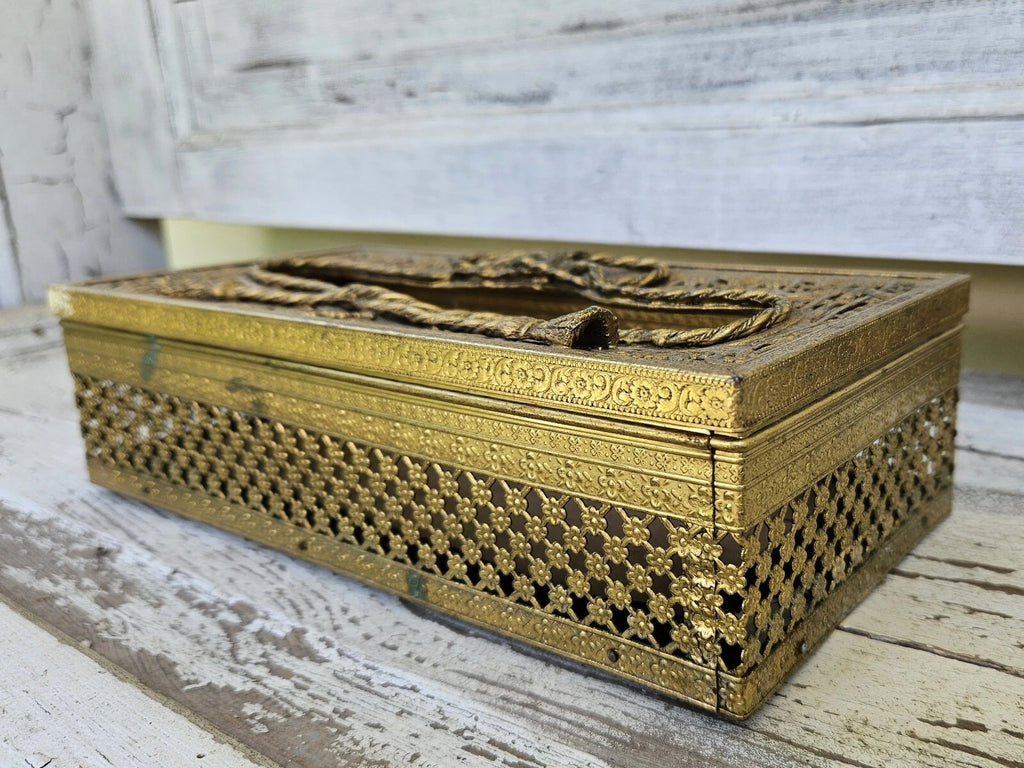 Antique Vintage Metal Bow Filigree Tissue Box Cover Holder Gold Tone Removable | eBay