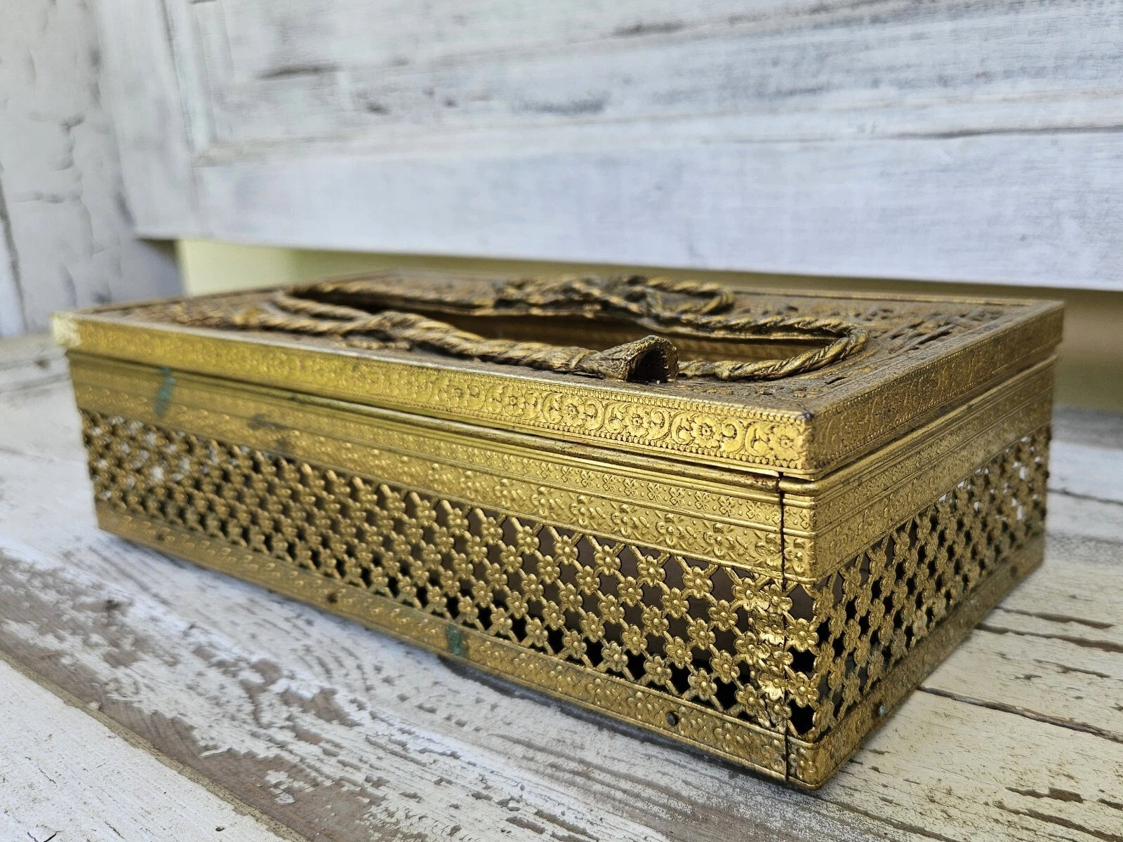 Antique Vintage Metal Bow Filigree Tissue Box Cover Holder Gold Tone Removable | eBay