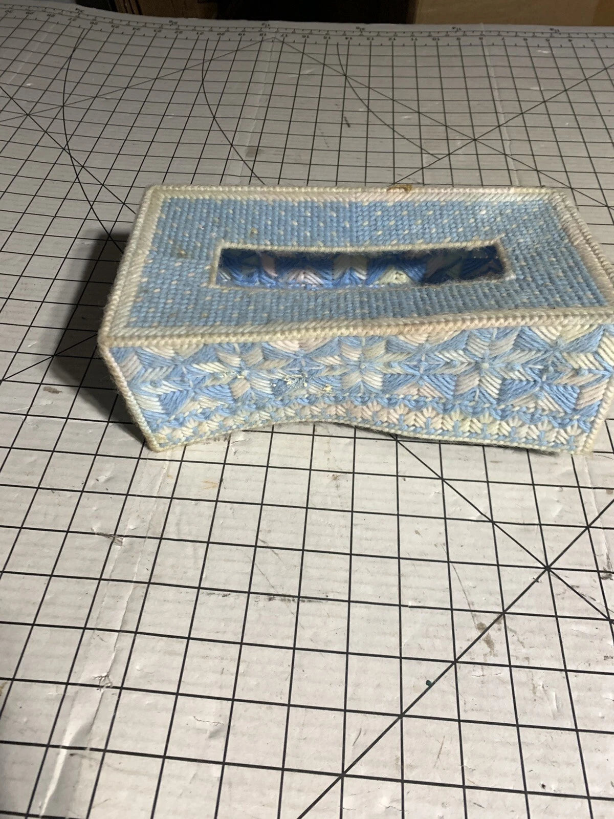 Vintage Tissue Box Holder Handmade Needlepoint Blue and White Rectangular B381 | eBay
