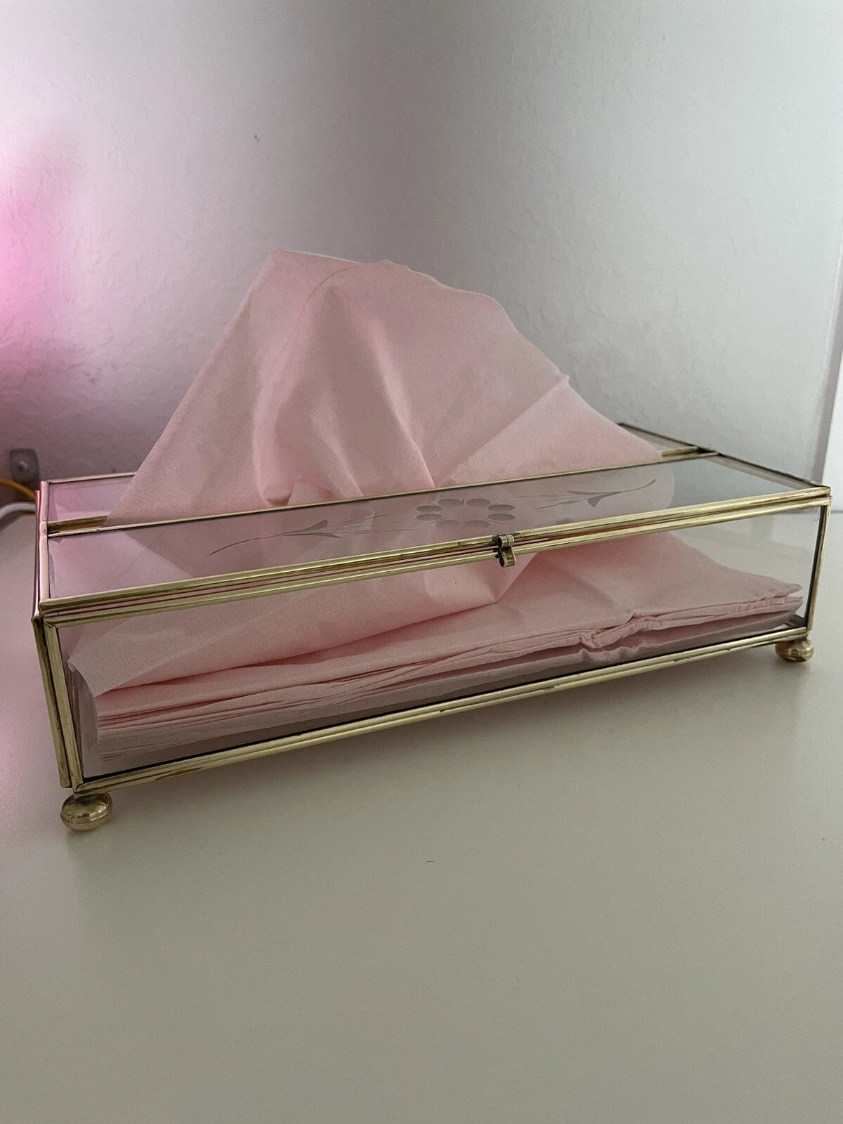 Vintage Etched Glass Brass Hinged Footed Tissue Box. Mid Century Boho | eBay